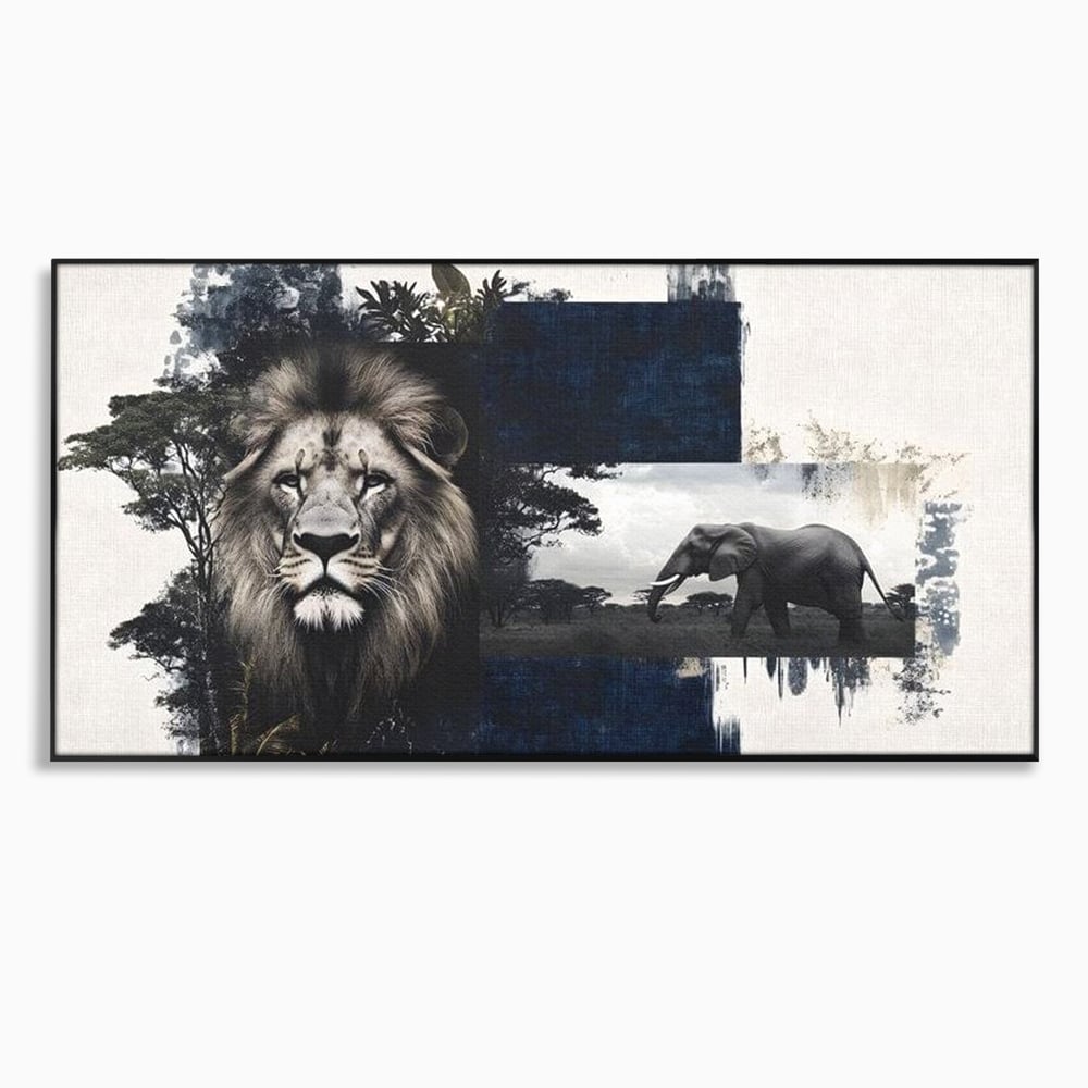 Tablou Canvas Premium, LuxCanva® M1323, Alianta Eterna, Leu, Elefant, Putere, Arta Abstracta, Contrast, Salbaticie, Natura, Cadru, Savana, Animale, Noblete, Birou, Living, Camera Copil