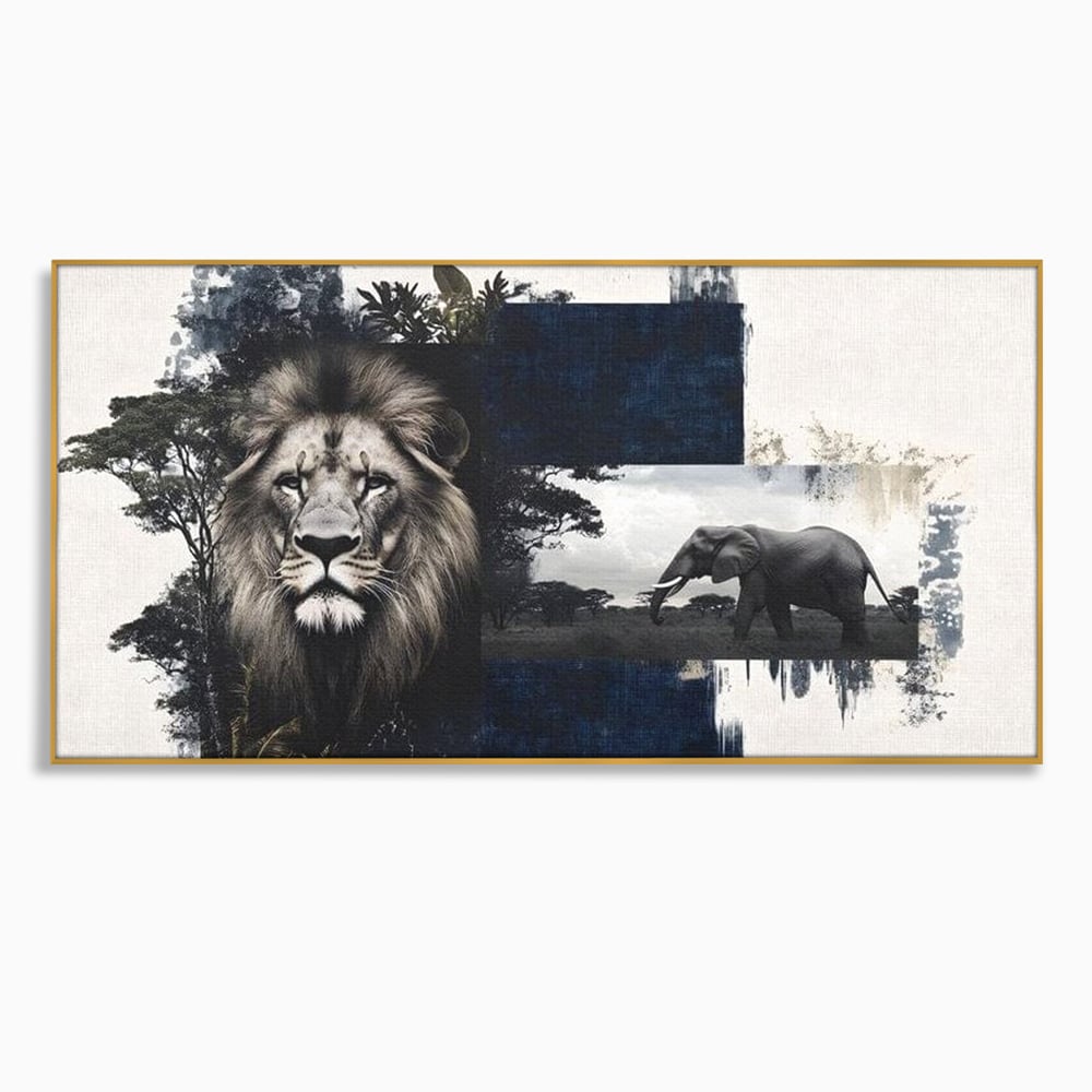 Tablou Canvas Premium, LuxCanva® M1323, Alianta Eterna, Leu, Elefant, Putere, Arta Abstracta, Contrast, Salbaticie, Natura, Cadru, Savana, Animale, Noblete, Birou, Living, Camera Copil