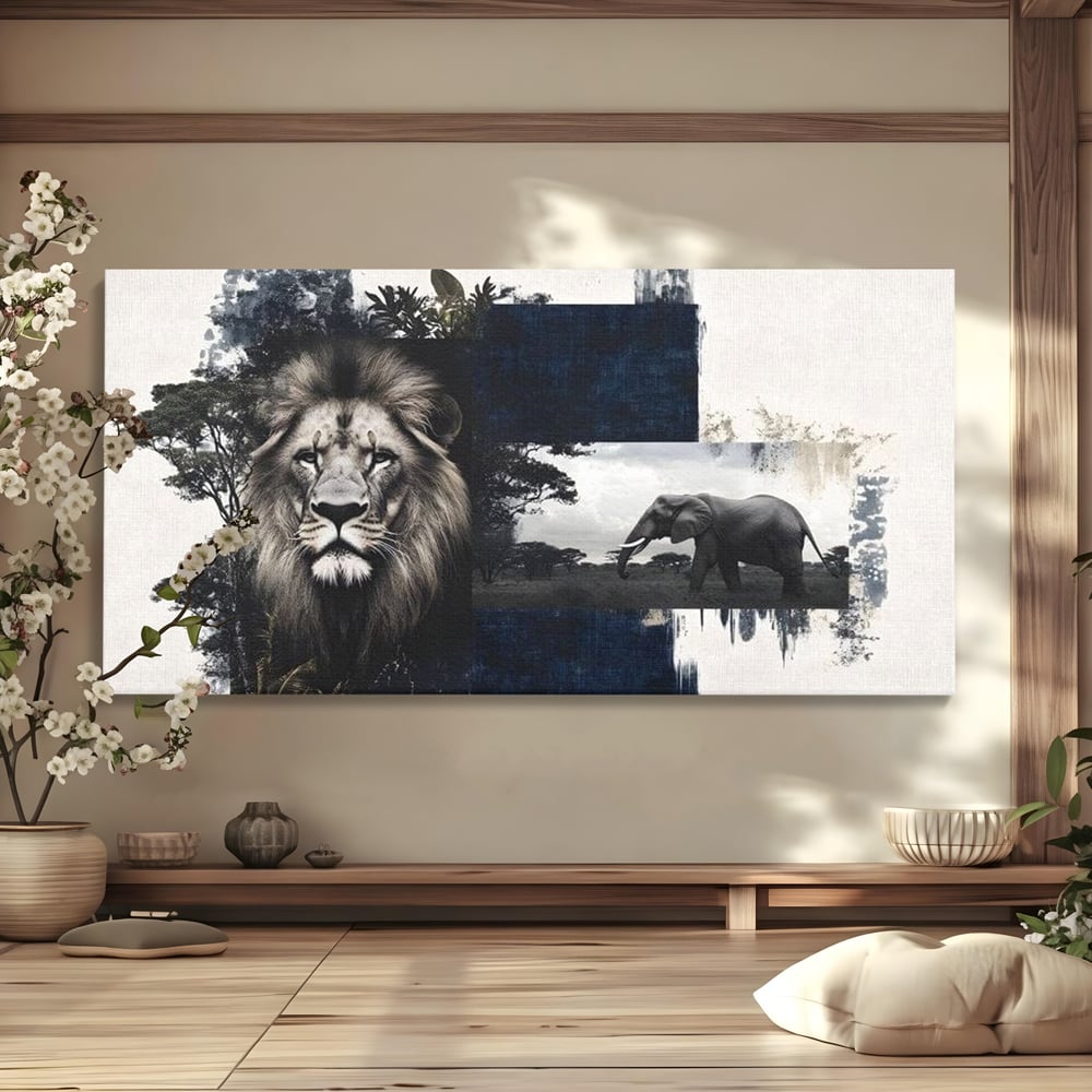 Tablou Canvas Premium, LuxCanva® M1323, Alianta Eterna, Leu, Elefant, Putere, Arta Abstracta, Contrast, Salbaticie, Natura, Cadru, Savana, Animale, Noblete, Birou, Living, Camera Copil
