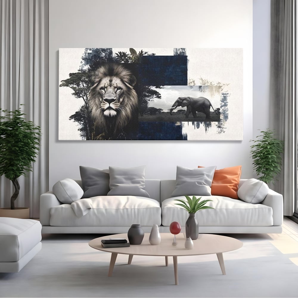 Tablou Canvas Premium, LuxCanva® M1323, Alianta Eterna, Leu, Elefant, Putere, Arta Abstracta, Contrast, Salbaticie, Natura, Cadru, Savana, Animale, Noblete, Birou, Living, Camera Copil