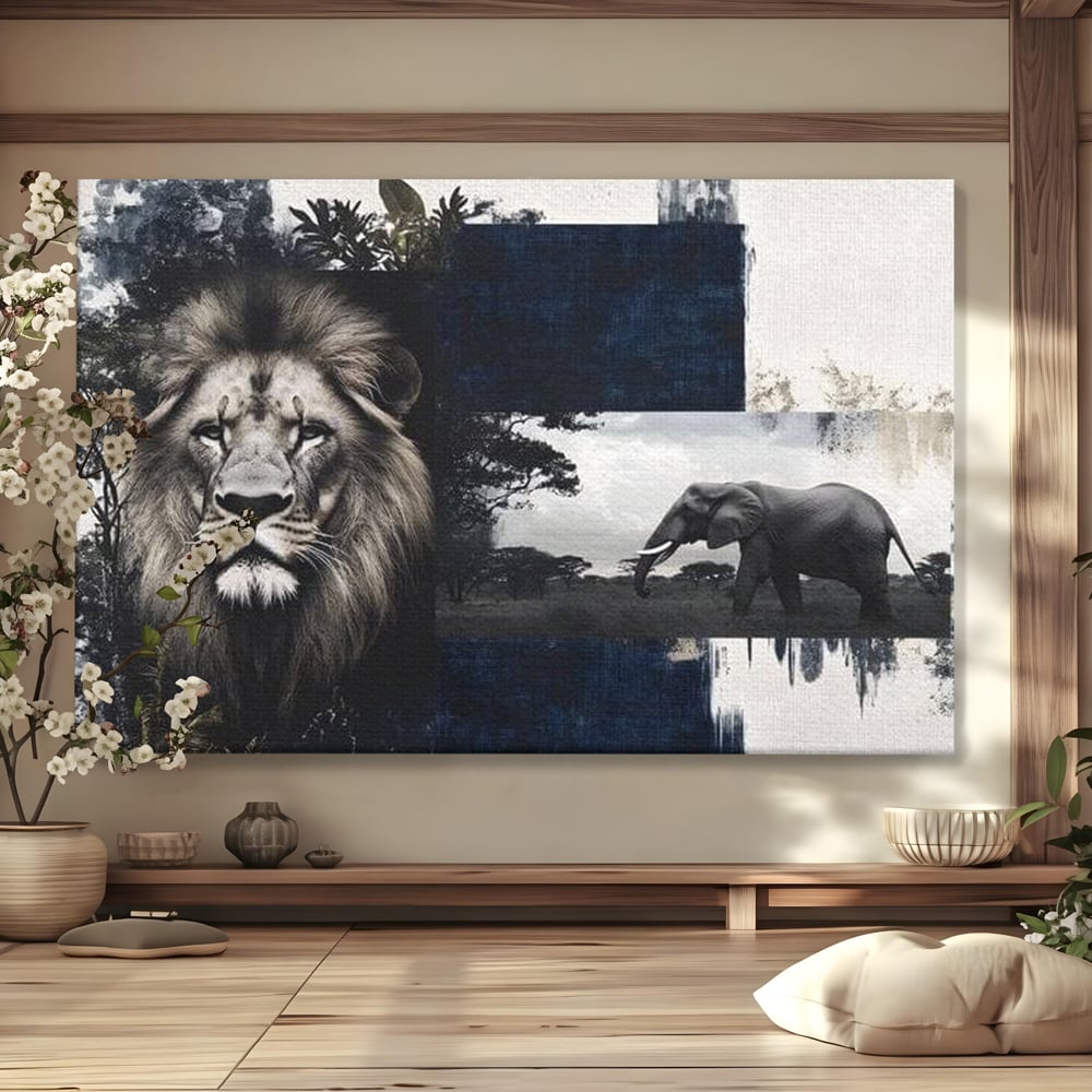 Tablou Canvas Premium, LuxCanva® M1323, Alianta Eterna, Leu, Elefant, Putere, Arta Abstracta, Contrast, Salbaticie, Natura, Cadru, Savana, Animale, Noblete, Birou, Living, Camera Copil