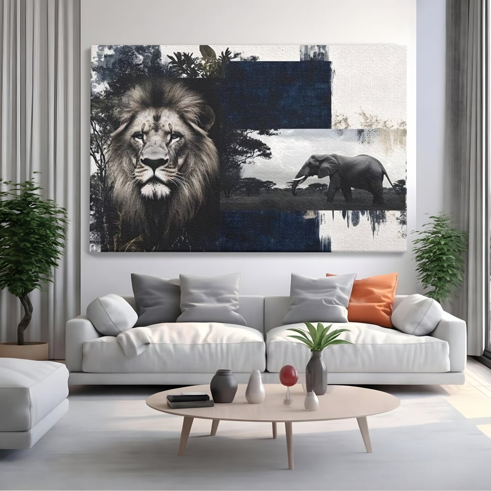 Tablou Canvas Premium, LuxCanva® M1323, Alianta Eterna, Leu, Elefant, Putere, Arta Abstracta, Contrast, Salbaticie, Natura, Cadru, Savana, Animale, Noblete, Birou, Living, Camera Copil