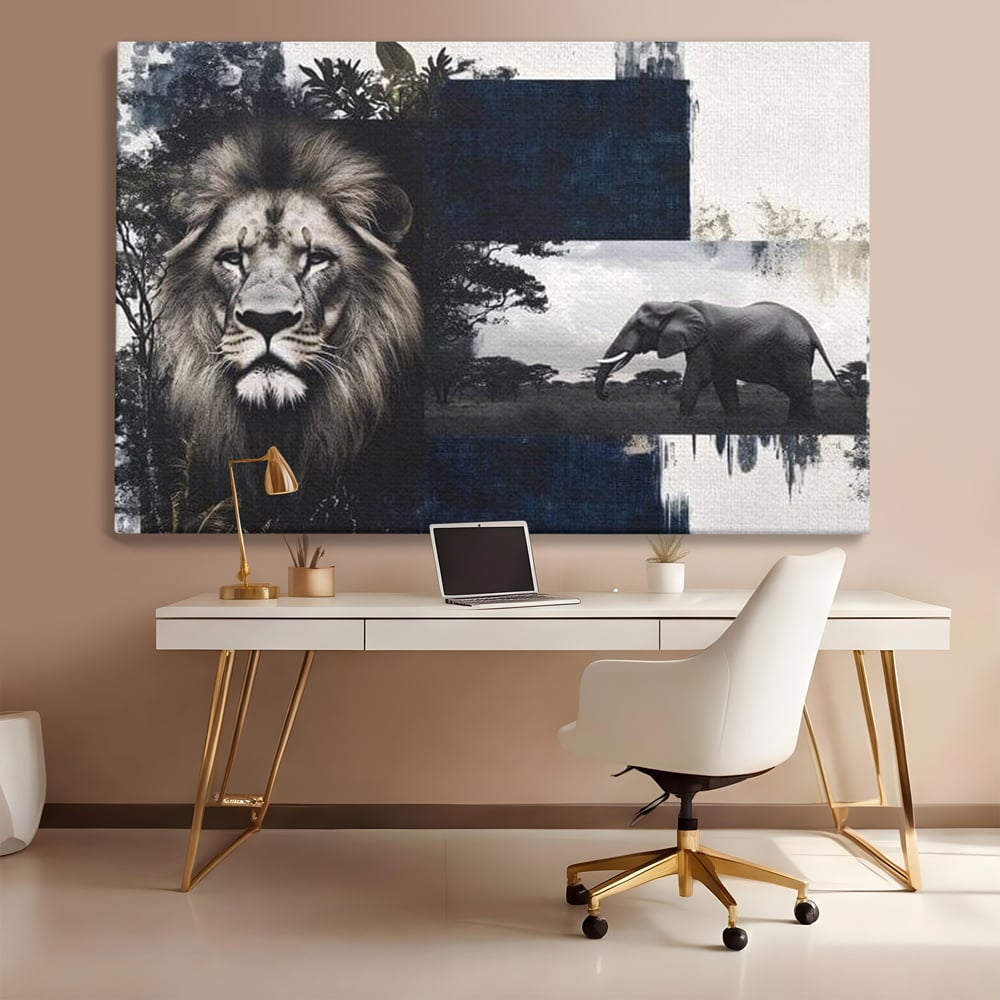 Tablou Canvas Premium, LuxCanva® M1323, Alianta Eterna, Leu, Elefant, Putere, Arta Abstracta, Contrast, Salbaticie, Natura, Cadru, Savana, Animale, Noblete, Birou, Living, Camera Copil