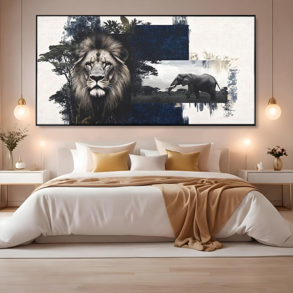 Tablou Canvas Premium, LuxCanva® M1323, Alianta Eterna, Leu, Elefant, Putere, Arta Abstracta, Contrast, Salbaticie, Natura, Cadru, Savana, Animale, Noblete, Birou, Living, Camera Copil