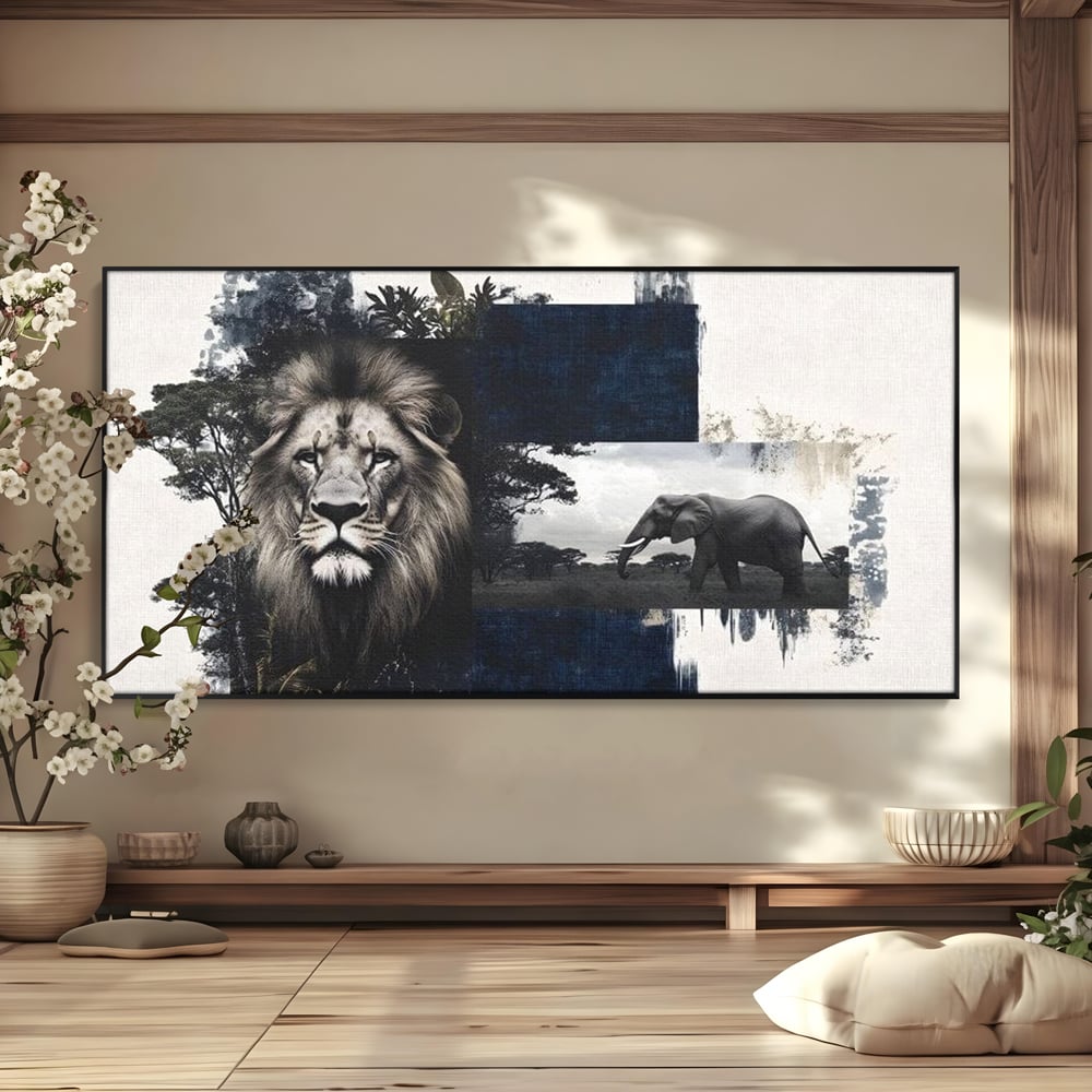 Tablou Canvas Premium, LuxCanva® M1323, Alianta Eterna, Leu, Elefant, Putere, Arta Abstracta, Contrast, Salbaticie, Natura, Cadru, Savana, Animale, Noblete, Birou, Living, Camera Copil