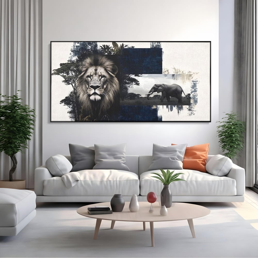 Tablou Canvas Premium, LuxCanva® M1323, Alianta Eterna, Leu, Elefant, Putere, Arta Abstracta, Contrast, Salbaticie, Natura, Cadru, Savana, Animale, Noblete, Birou, Living, Camera Copil