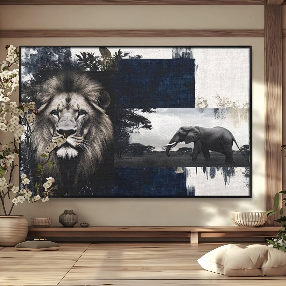 Tablou Canvas Premium, LuxCanva® M1323, Alianta Eterna, Leu, Elefant, Putere, Arta Abstracta, Contrast, Salbaticie, Natura, Cadru, Savana, Animale, Noblete, Birou, Living, Camera Copil