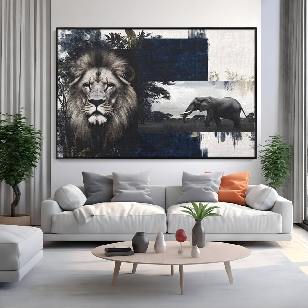 Tablou Canvas Premium, LuxCanva® M1323, Alianta Eterna, Leu, Elefant, Putere, Arta Abstracta, Contrast, Salbaticie, Natura, Cadru, Savana, Animale, Noblete, Birou, Living, Camera Copil