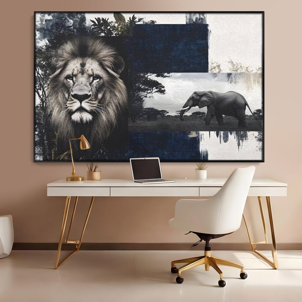 Tablou Canvas Premium, LuxCanva® M1323, Alianta Eterna, Leu, Elefant, Putere, Arta Abstracta, Contrast, Salbaticie, Natura, Cadru, Savana, Animale, Noblete, Birou, Living, Camera Copil