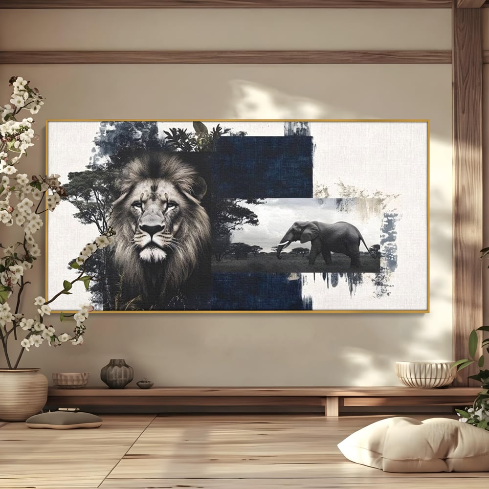 Tablou Canvas Premium, LuxCanva® M1323, Alianta Eterna, Leu, Elefant, Putere, Arta Abstracta, Contrast, Salbaticie, Natura, Cadru, Savana, Animale, Noblete, Birou, Living, Camera Copil