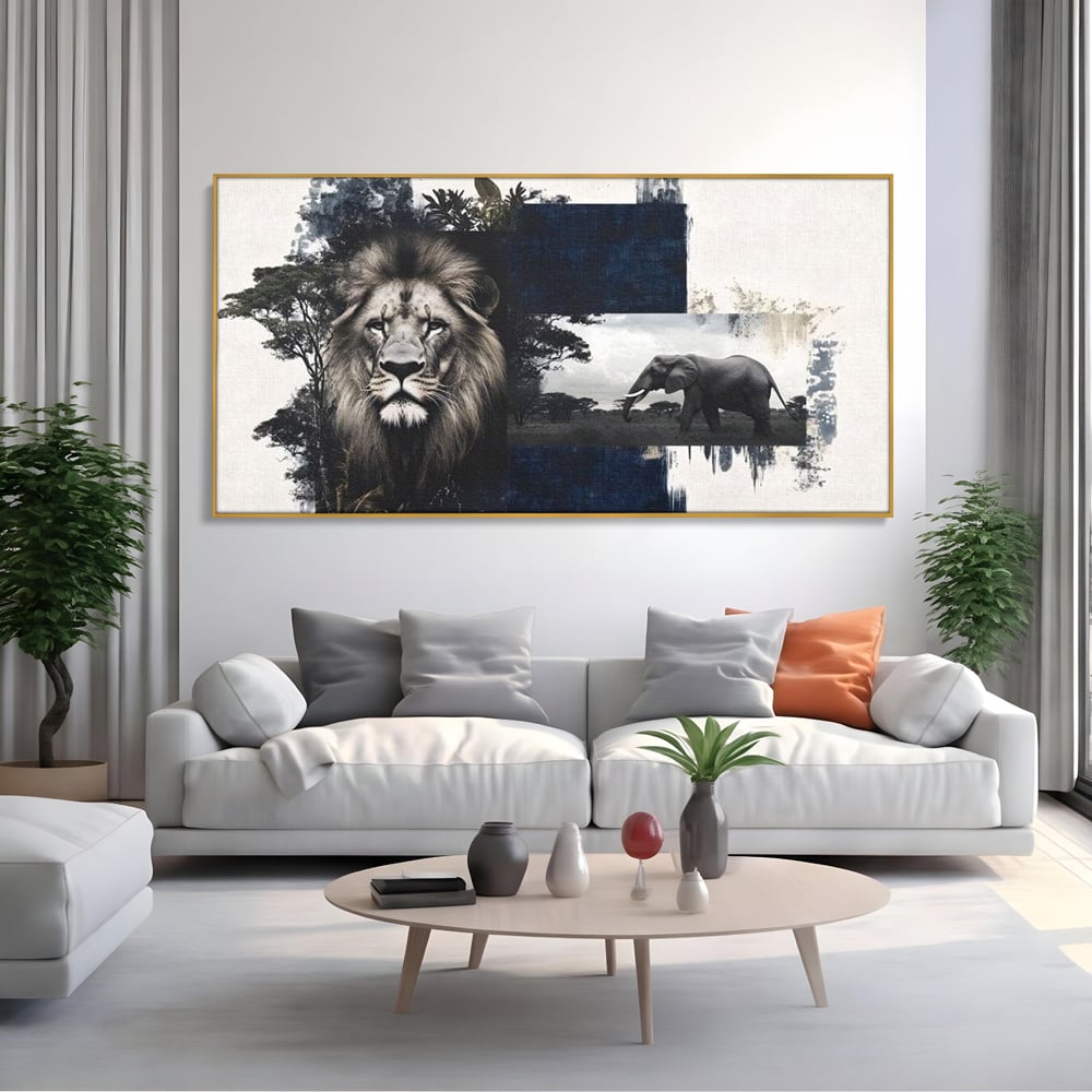 Tablou Canvas Premium, LuxCanva® M1323, Alianta Eterna, Leu, Elefant, Putere, Arta Abstracta, Contrast, Salbaticie, Natura, Cadru, Savana, Animale, Noblete, Birou, Living, Camera Copil