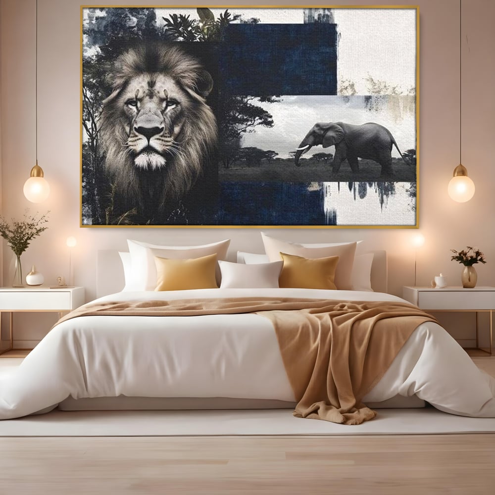 Tablou Canvas Premium, LuxCanva® M1323, Alianta Eterna, Leu, Elefant, Putere, Arta Abstracta, Contrast, Salbaticie, Natura, Cadru, Savana, Animale, Noblete, Birou, Living, Camera Copil