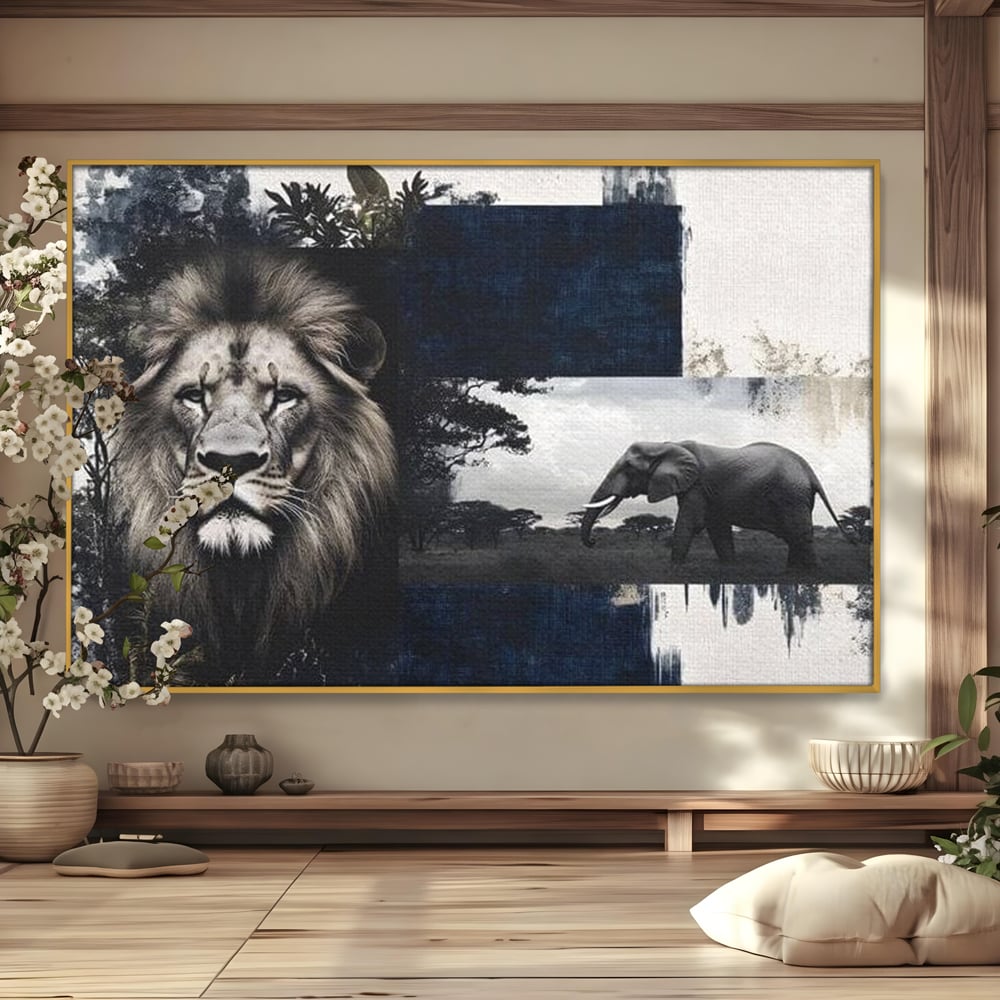 Tablou Canvas Premium, LuxCanva® M1323, Alianta Eterna, Leu, Elefant, Putere, Arta Abstracta, Contrast, Salbaticie, Natura, Cadru, Savana, Animale, Noblete, Birou, Living, Camera Copil