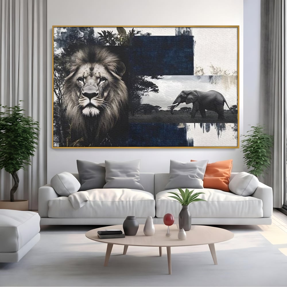 Tablou Canvas Premium, LuxCanva® M1323, Alianta Eterna, Leu, Elefant, Putere, Arta Abstracta, Contrast, Salbaticie, Natura, Cadru, Savana, Animale, Noblete, Birou, Living, Camera Copil