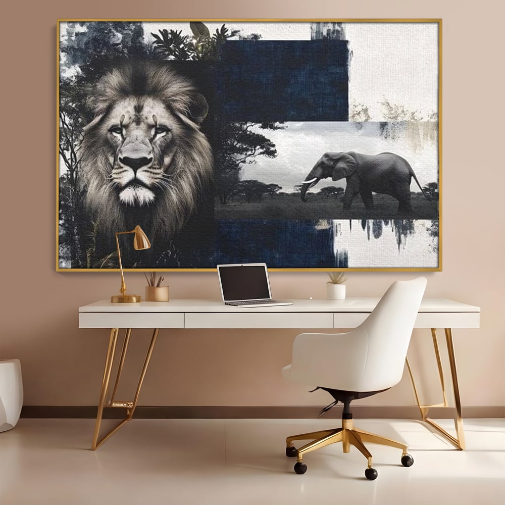 Tablou Canvas Premium, LuxCanva® M1323, Alianta Eterna, Leu, Elefant, Putere, Arta Abstracta, Contrast, Salbaticie, Natura, Cadru, Savana, Animale, Noblete, Birou, Living, Camera Copil