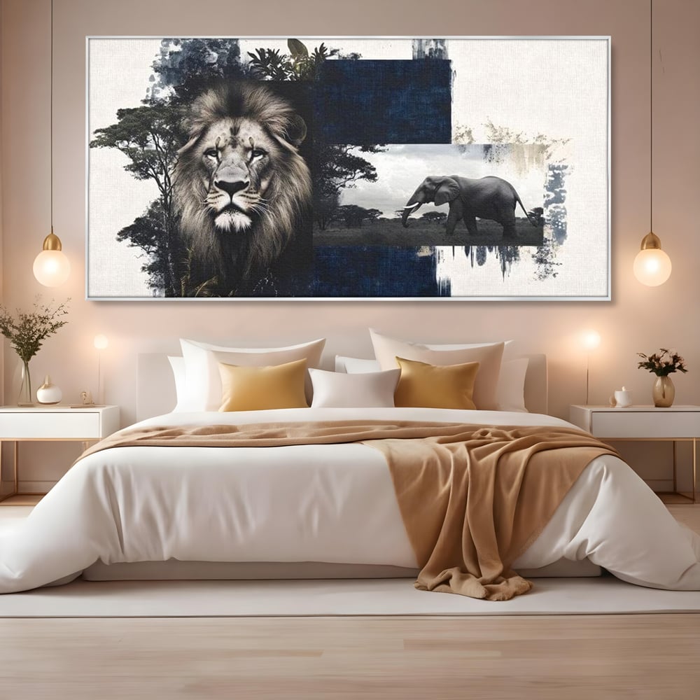 Tablou Canvas Premium, LuxCanva® M1323, Alianta Eterna, Leu, Elefant, Putere, Arta Abstracta, Contrast, Salbaticie, Natura, Cadru, Savana, Animale, Noblete, Birou, Living, Camera Copil