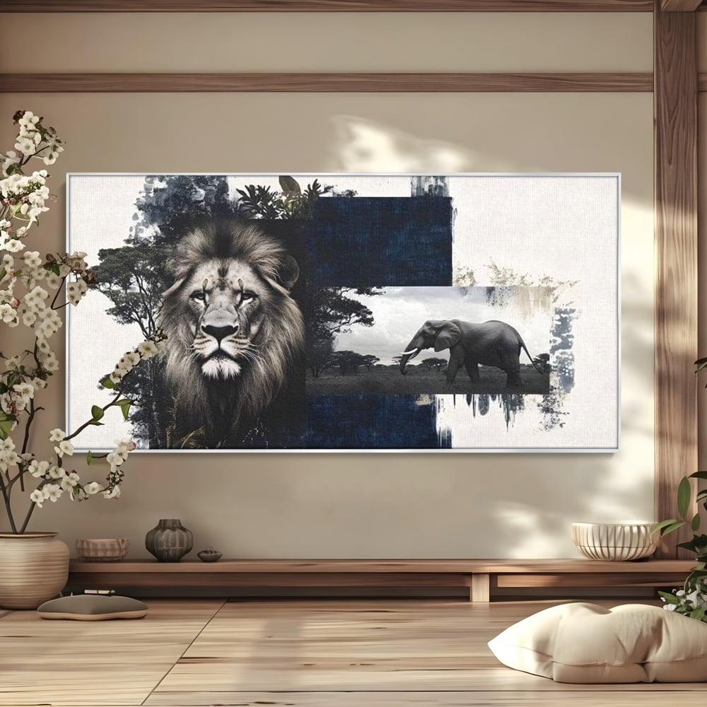 Tablou Canvas Premium, LuxCanva® M1323, Alianta Eterna, Leu, Elefant, Putere, Arta Abstracta, Contrast, Salbaticie, Natura, Cadru, Savana, Animale, Noblete, Birou, Living, Camera Copil