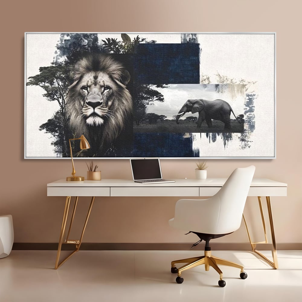 Tablou Canvas Premium, LuxCanva® M1323, Alianta Eterna, Leu, Elefant, Putere, Arta Abstracta, Contrast, Salbaticie, Natura, Cadru, Savana, Animale, Noblete, Birou, Living, Camera Copil