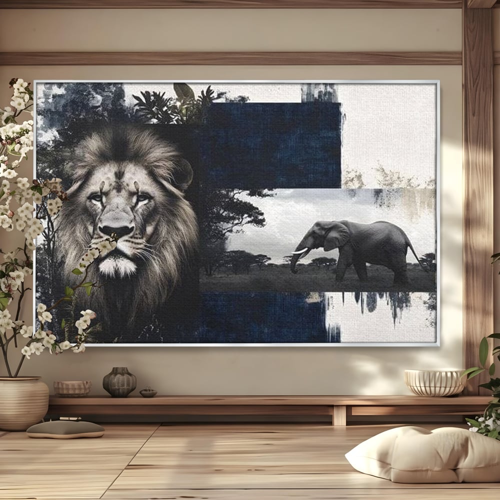 Tablou Canvas Premium, LuxCanva® M1323, Alianta Eterna, Leu, Elefant, Putere, Arta Abstracta, Contrast, Salbaticie, Natura, Cadru, Savana, Animale, Noblete, Birou, Living, Camera Copil