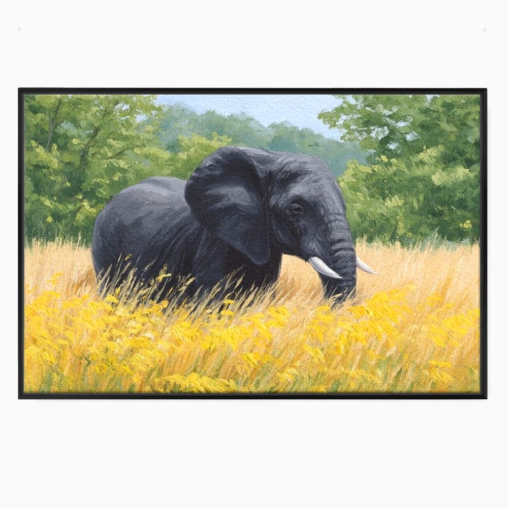 Tablou Canvas Premium, LuxCanva® M1324, Tacerea Pajistii, Peisaj, Natura, Pajiste, Verde, Elefant, Colti, Vegetatie, Pictura, Animal, Pasnic, Adiere, Birou, Living, Camera Copil