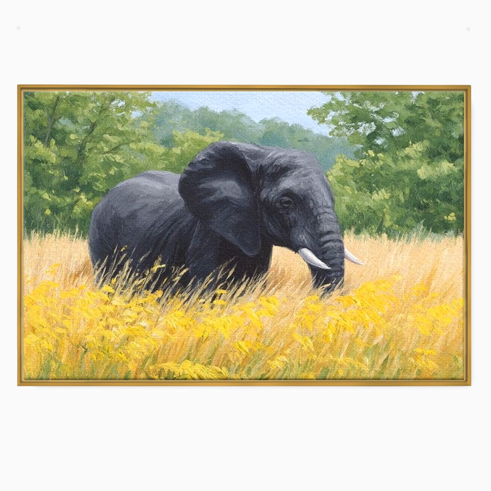 Tablou Canvas Premium, LuxCanva® M1324, Tacerea Pajistii, Peisaj, Natura, Pajiste, Verde, Elefant, Colti, Vegetatie, Pictura, Animal, Pasnic, Adiere, Birou, Living, Camera Copil