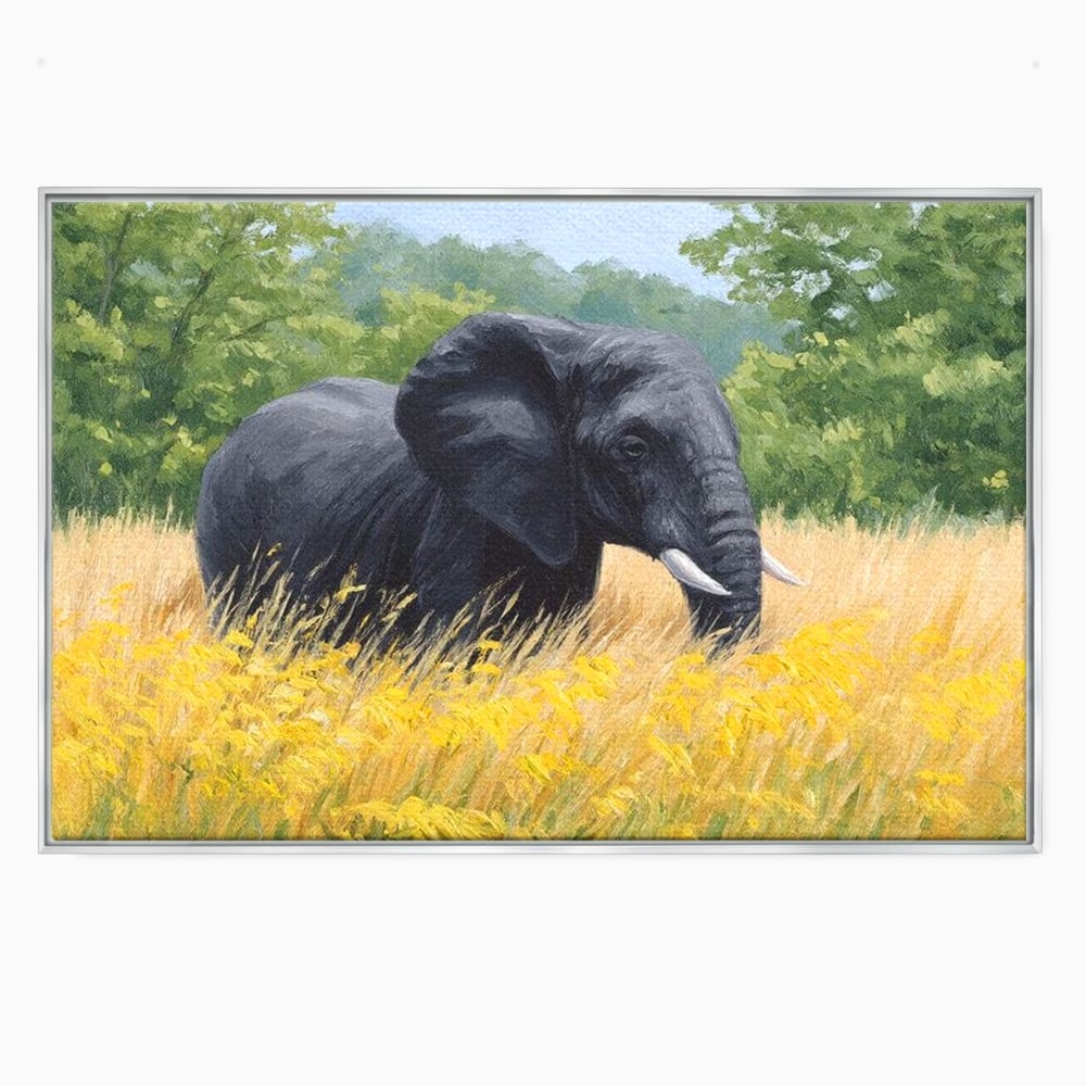Tablou Canvas Premium, LuxCanva® M1324, Tacerea Pajistii, Peisaj, Natura, Pajiste, Verde, Elefant, Colti, Vegetatie, Pictura, Animal, Pasnic, Adiere, Birou, Living, Camera Copil