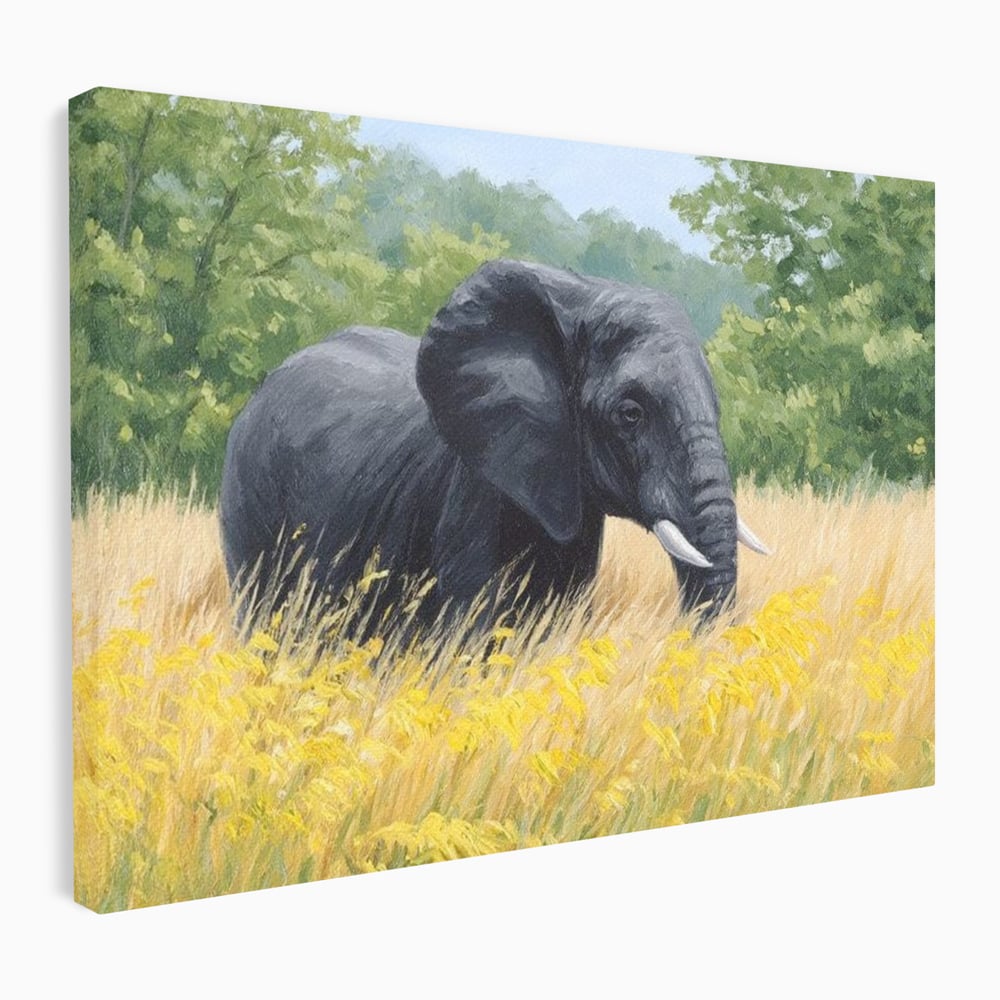 Tablou Canvas Premium, LuxCanva® M1324, Tacerea Pajistii, Peisaj, Natura, Pajiste, Verde, Elefant, Colti, Vegetatie, Pictura, Animal, Pasnic, Adiere, Birou, Living, Camera Copil
