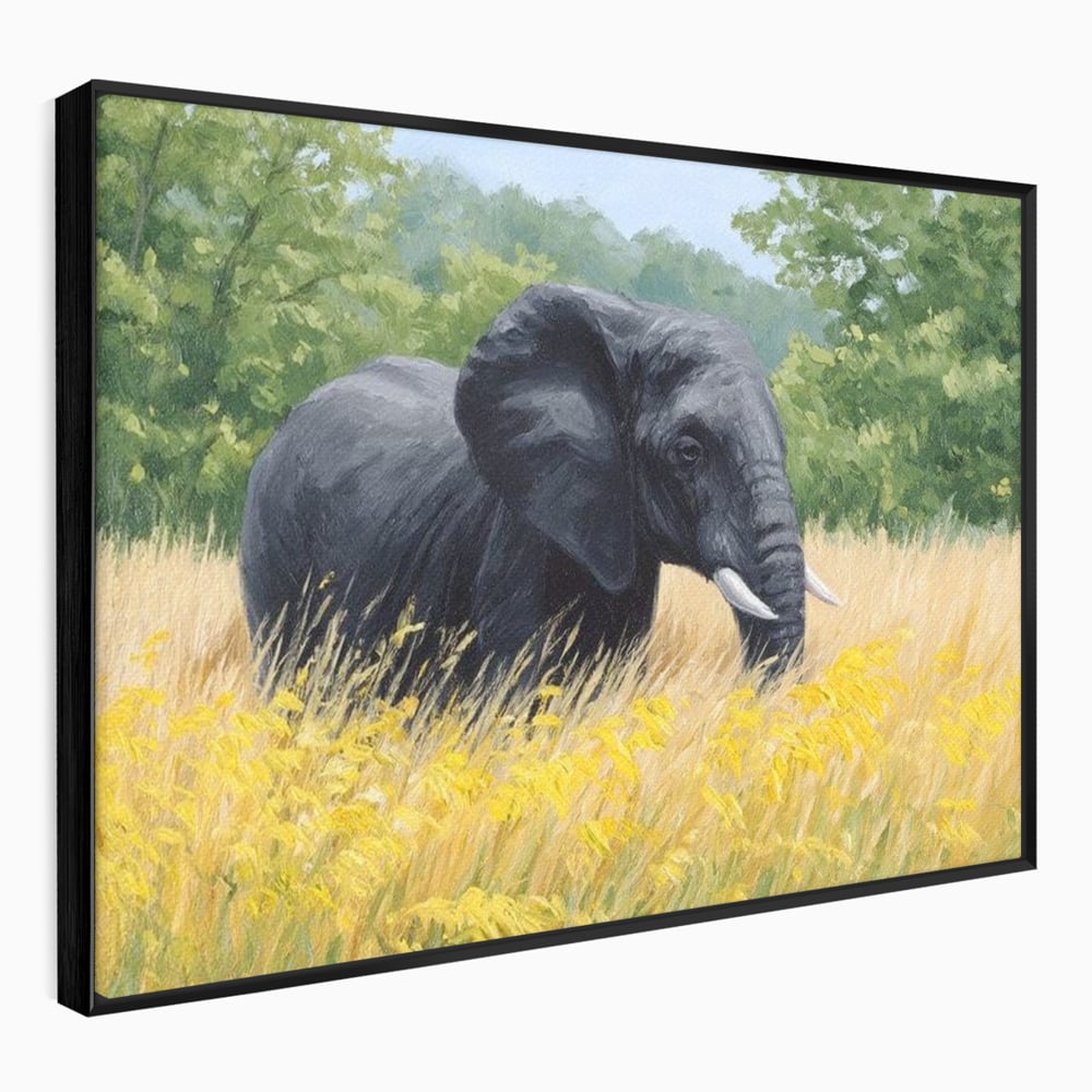 Tablou Canvas Premium, LuxCanva® M1324, Tacerea Pajistii, Peisaj, Natura, Pajiste, Verde, Elefant, Colti, Vegetatie, Pictura, Animal, Pasnic, Adiere, Birou, Living, Camera Copil