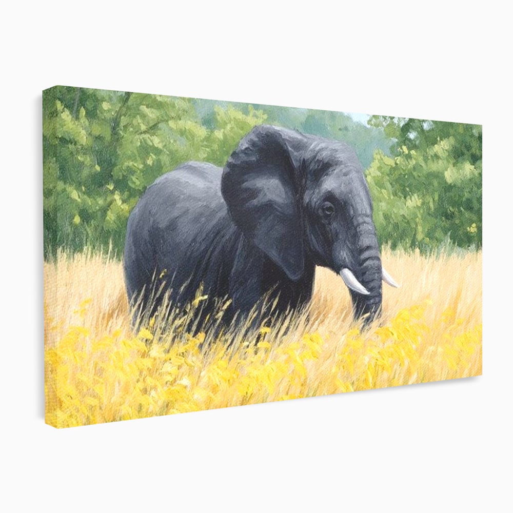 Tablou Canvas Premium, LuxCanva® M1324, Tacerea Pajistii, Peisaj, Natura, Pajiste, Verde, Elefant, Colti, Vegetatie, Pictura, Animal, Pasnic, Adiere, Birou, Living, Camera Copil