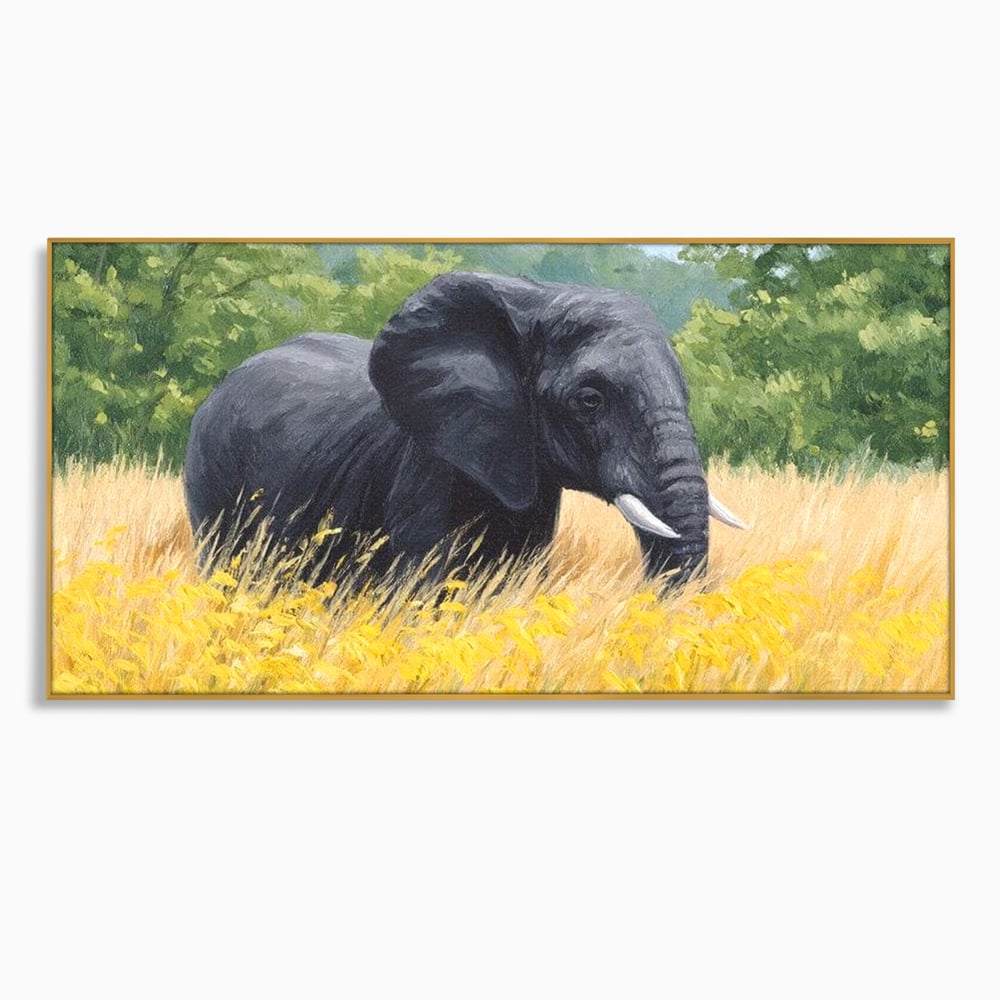 Tablou Canvas Premium, LuxCanva® M1324, Tacerea Pajistii, Peisaj, Natura, Pajiste, Verde, Elefant, Colti, Vegetatie, Pictura, Animal, Pasnic, Adiere, Birou, Living, Camera Copil