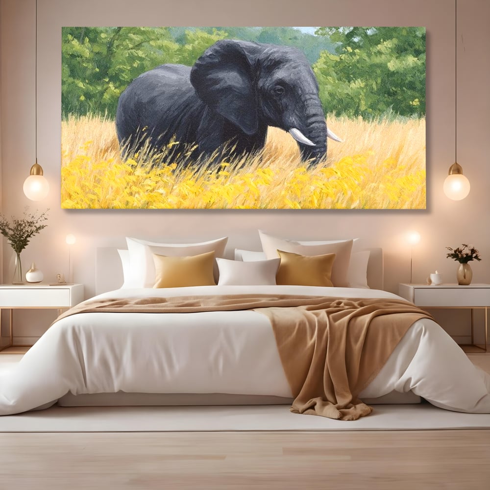 Tablou Canvas Premium, LuxCanva® M1324, Tacerea Pajistii, Peisaj, Natura, Pajiste, Verde, Elefant, Colti, Vegetatie, Pictura, Animal, Pasnic, Adiere, Birou, Living, Camera Copil