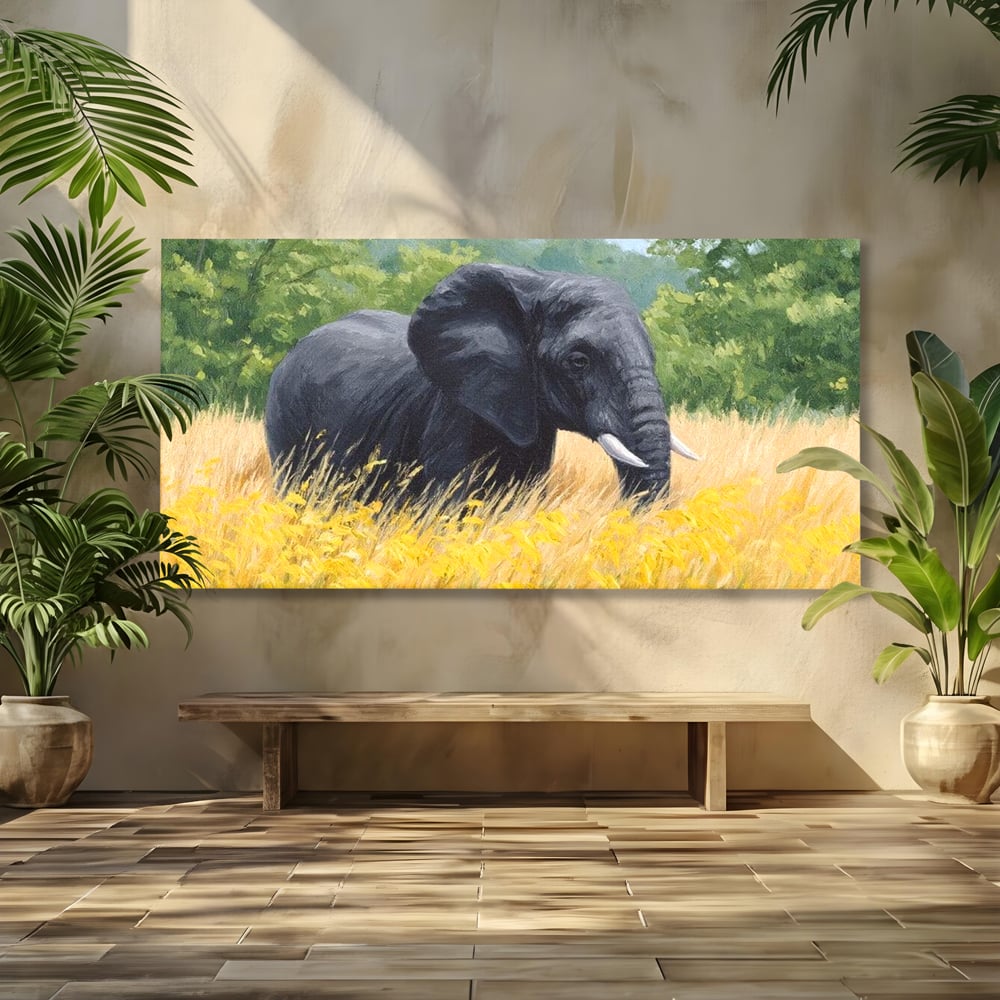 Tablou Canvas Premium, LuxCanva® M1324, Tacerea Pajistii, Peisaj, Natura, Pajiste, Verde, Elefant, Colti, Vegetatie, Pictura, Animal, Pasnic, Adiere, Birou, Living, Camera Copil