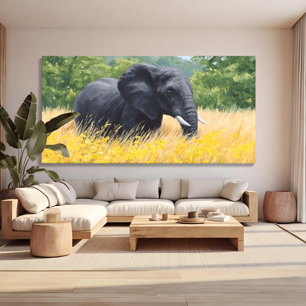 Tablou Canvas Premium, LuxCanva® M1324, Tacerea Pajistii, Peisaj, Natura, Pajiste, Verde, Elefant, Colti, Vegetatie, Pictura, Animal, Pasnic, Adiere, Birou, Living, Camera Copil