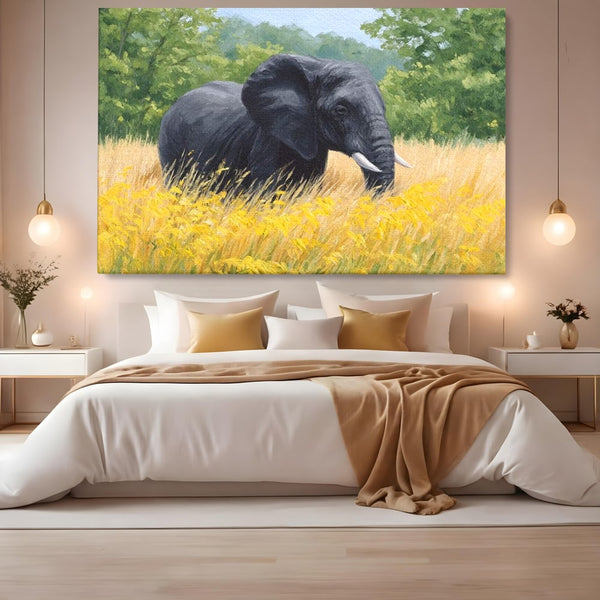 Tablou Canvas Premium, LuxCanva® M1324, Tacerea Pajistii, Peisaj, Natura, Pajiste, Verde, Elefant, Colti, Vegetatie, Pictura, Animal, Pasnic, Adiere, Birou, Living, Camera Copil