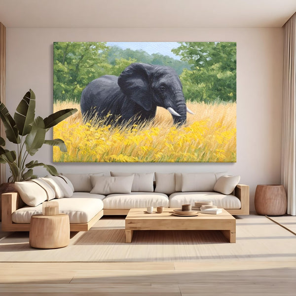 Tablou Canvas Premium, LuxCanva® M1324, Tacerea Pajistii, Peisaj, Natura, Pajiste, Verde, Elefant, Colti, Vegetatie, Pictura, Animal, Pasnic, Adiere, Birou, Living, Camera Copil