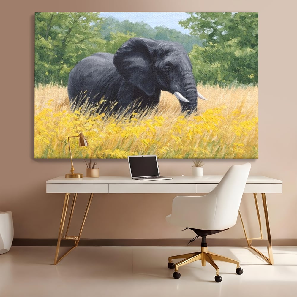 Tablou Canvas Premium, LuxCanva® M1324, Tacerea Pajistii, Peisaj, Natura, Pajiste, Verde, Elefant, Colti, Vegetatie, Pictura, Animal, Pasnic, Adiere, Birou, Living, Camera Copil
