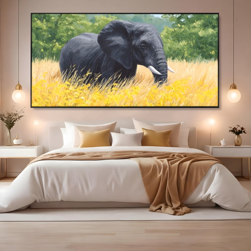 Tablou Canvas Premium, LuxCanva® M1324, Tacerea Pajistii, Peisaj, Natura, Pajiste, Verde, Elefant, Colti, Vegetatie, Pictura, Animal, Pasnic, Adiere, Birou, Living, Camera Copil