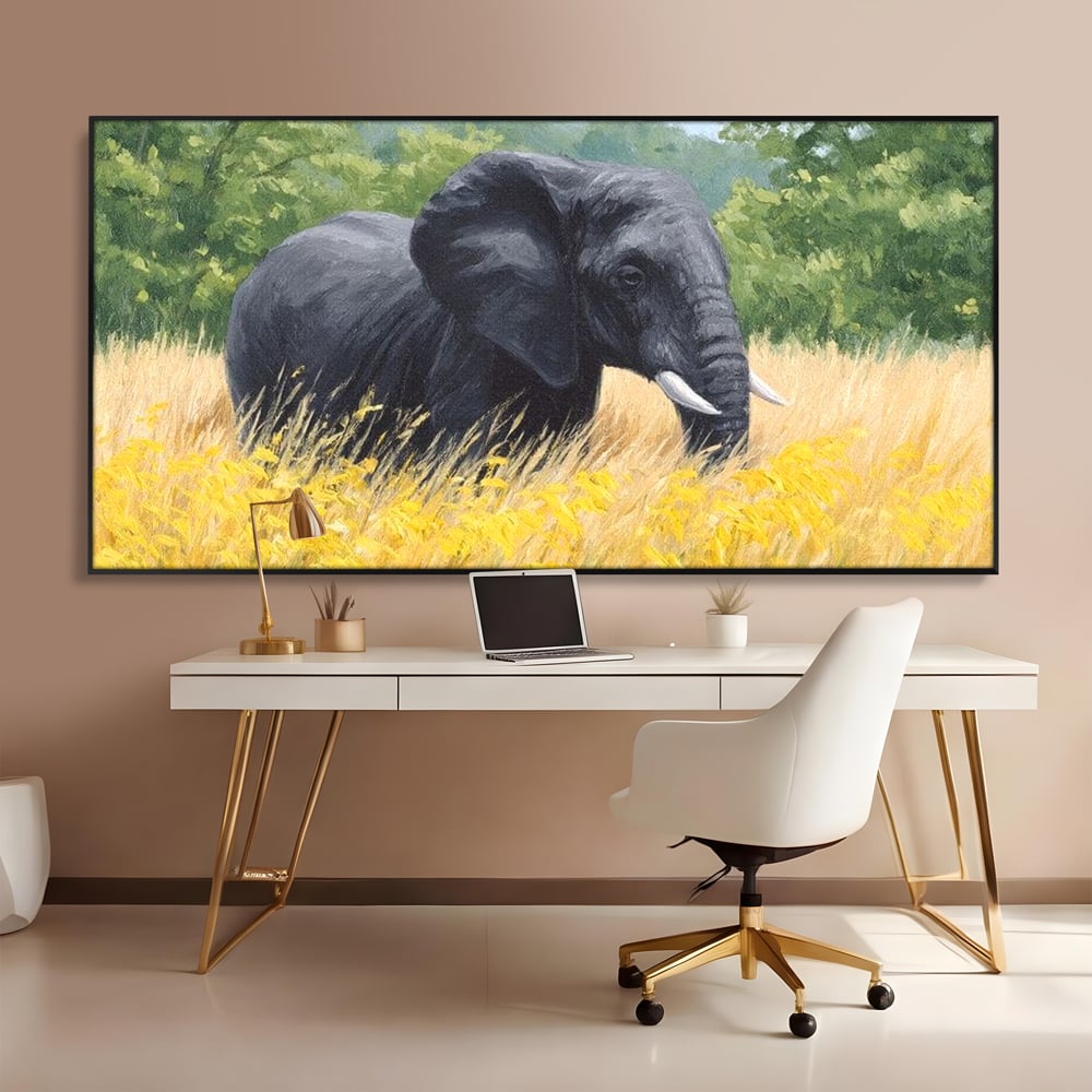 Tablou Canvas Premium, LuxCanva® M1324, Tacerea Pajistii, Peisaj, Natura, Pajiste, Verde, Elefant, Colti, Vegetatie, Pictura, Animal, Pasnic, Adiere, Birou, Living, Camera Copil