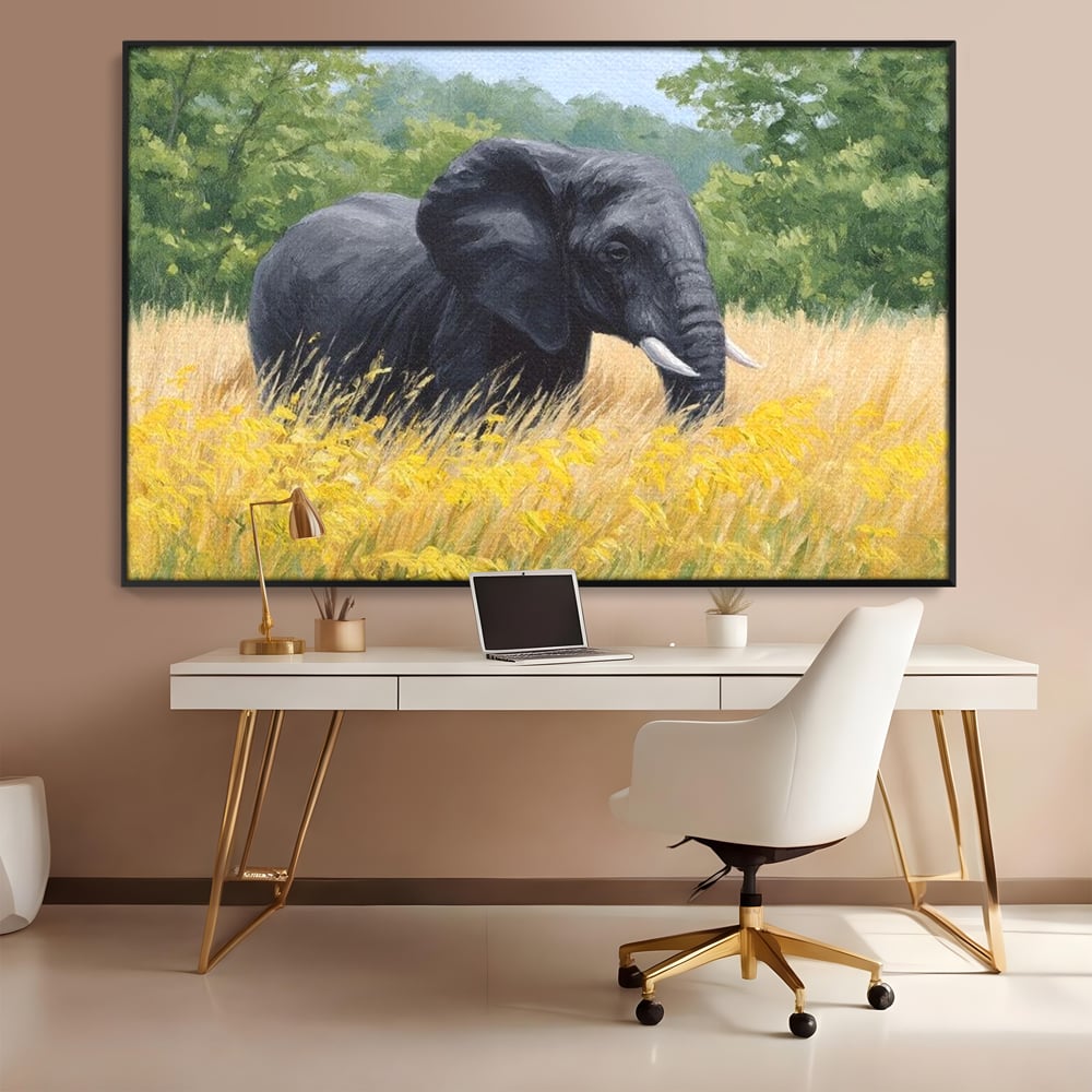 Tablou Canvas Premium, LuxCanva® M1324, Tacerea Pajistii, Peisaj, Natura, Pajiste, Verde, Elefant, Colti, Vegetatie, Pictura, Animal, Pasnic, Adiere, Birou, Living, Camera Copil