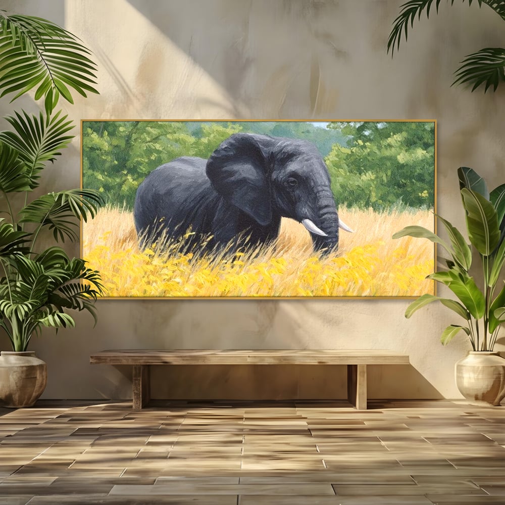 Tablou Canvas Premium, LuxCanva® M1324, Tacerea Pajistii, Peisaj, Natura, Pajiste, Verde, Elefant, Colti, Vegetatie, Pictura, Animal, Pasnic, Adiere, Birou, Living, Camera Copil