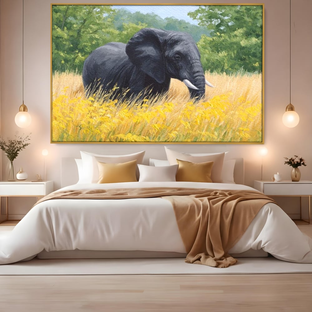 Tablou Canvas Premium, LuxCanva® M1324, Tacerea Pajistii, Peisaj, Natura, Pajiste, Verde, Elefant, Colti, Vegetatie, Pictura, Animal, Pasnic, Adiere, Birou, Living, Camera Copil