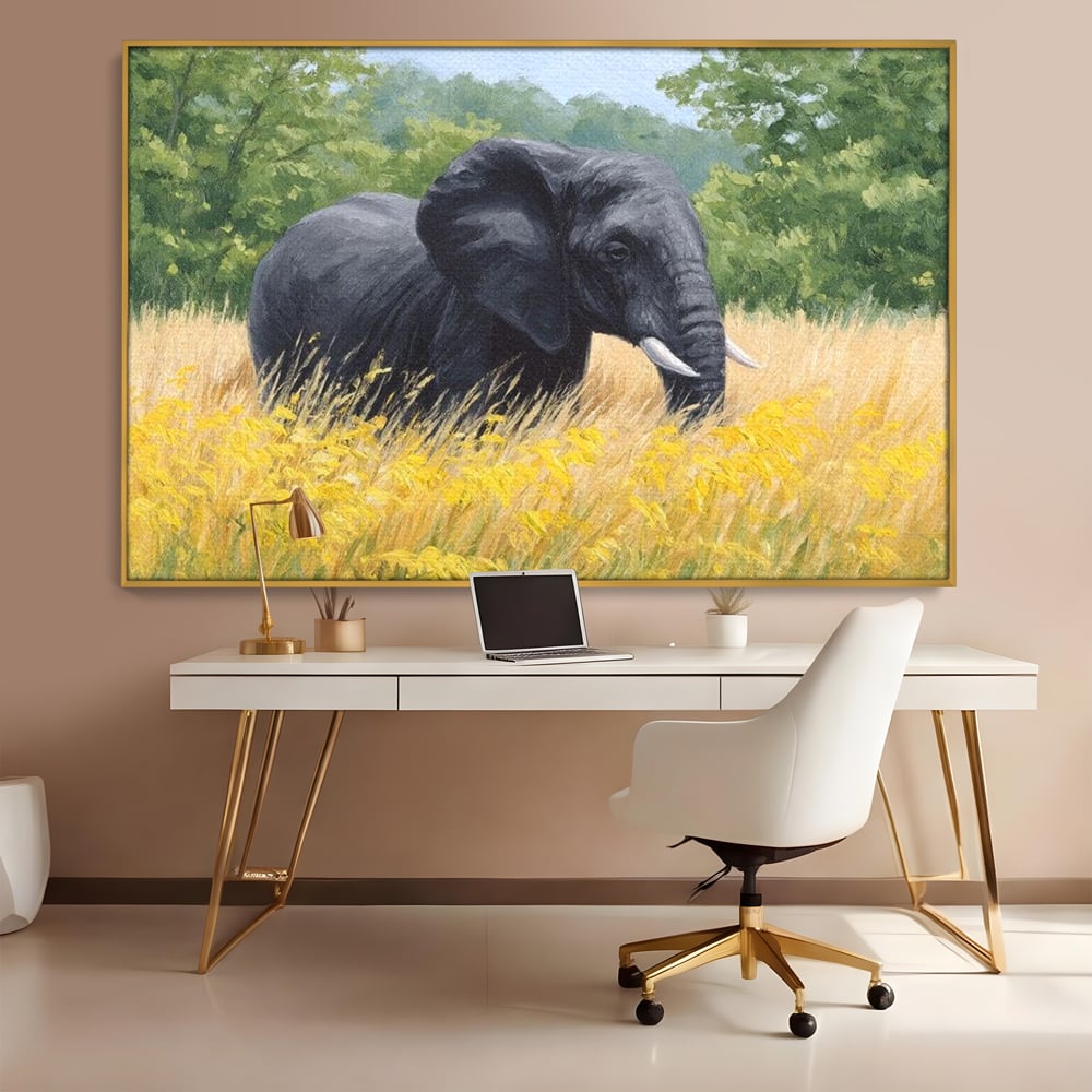 Tablou Canvas Premium, LuxCanva® M1324, Tacerea Pajistii, Peisaj, Natura, Pajiste, Verde, Elefant, Colti, Vegetatie, Pictura, Animal, Pasnic, Adiere, Birou, Living, Camera Copil