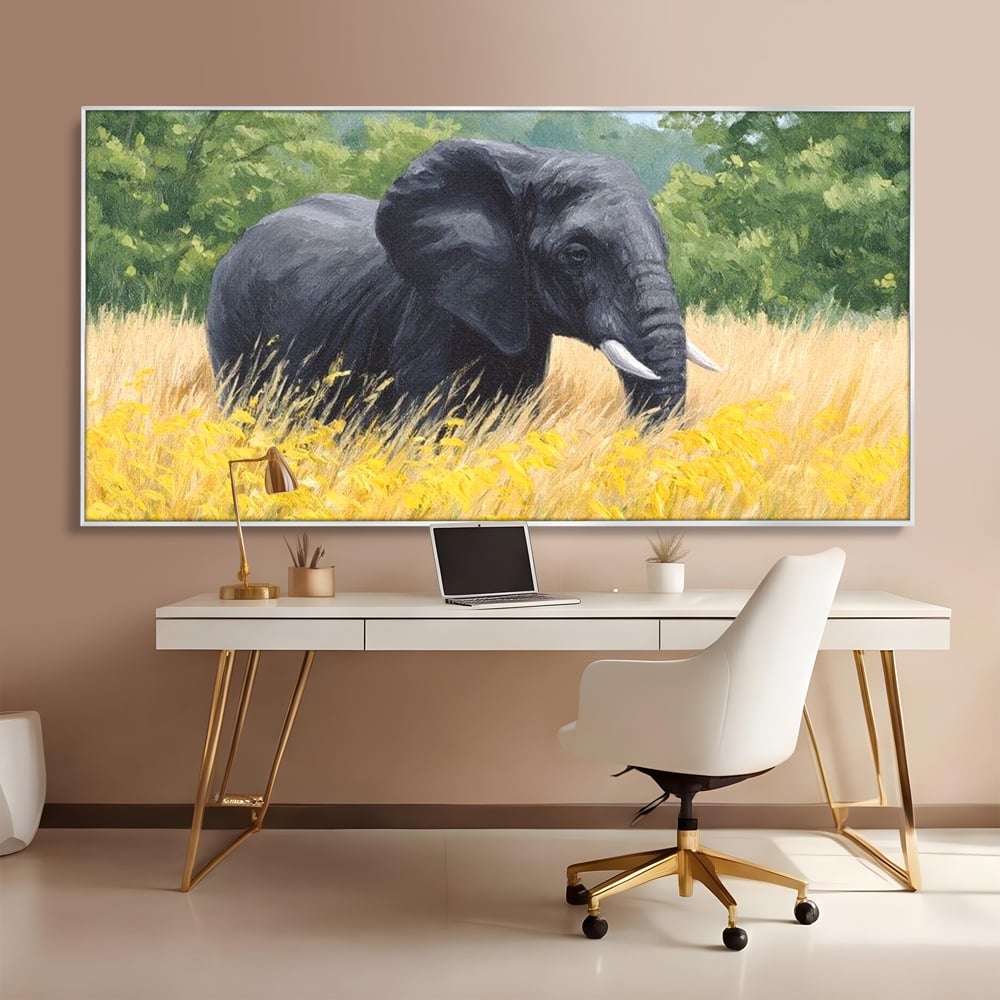 Tablou Canvas Premium, LuxCanva® M1324, Tacerea Pajistii, Peisaj, Natura, Pajiste, Verde, Elefant, Colti, Vegetatie, Pictura, Animal, Pasnic, Adiere, Birou, Living, Camera Copil