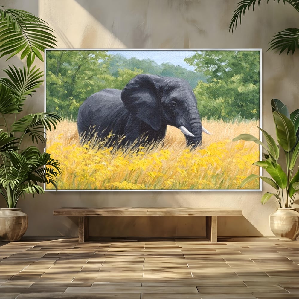 Tablou Canvas Premium, LuxCanva® M1324, Tacerea Pajistii, Peisaj, Natura, Pajiste, Verde, Elefant, Colti, Vegetatie, Pictura, Animal, Pasnic, Adiere, Birou, Living, Camera Copil
