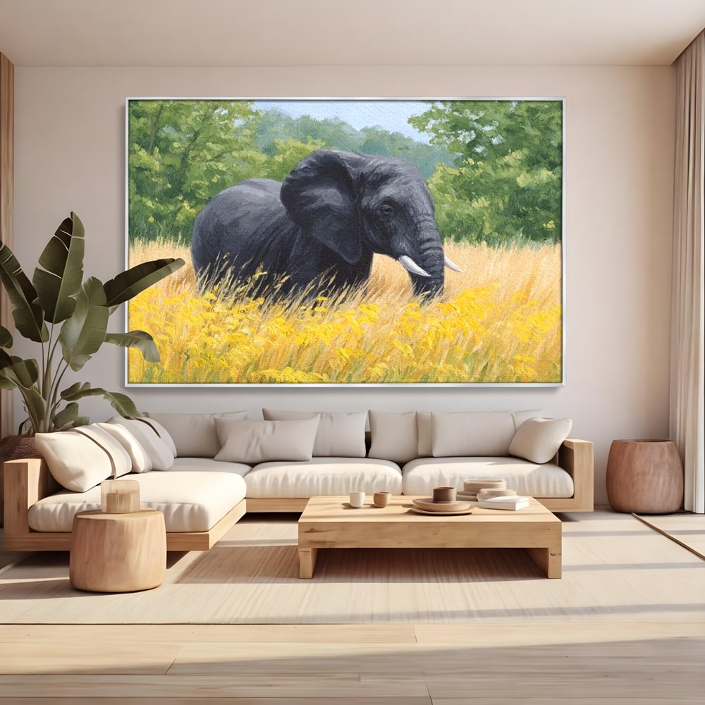 Tablou Canvas Premium, LuxCanva® M1324, Tacerea Pajistii, Peisaj, Natura, Pajiste, Verde, Elefant, Colti, Vegetatie, Pictura, Animal, Pasnic, Adiere, Birou, Living, Camera Copil