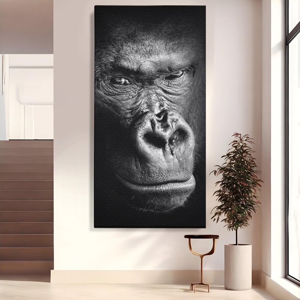 Leinwandbilder Premium, LuxCanva® M1325, Urteil im Schatten, Gorilla, Porträt, schwarz-weiß, Primat, Primaten, Blick, Wildtiere, Tiere, dunkel, realistisch, Büro, Wohnzimmer, Kinderzimmer