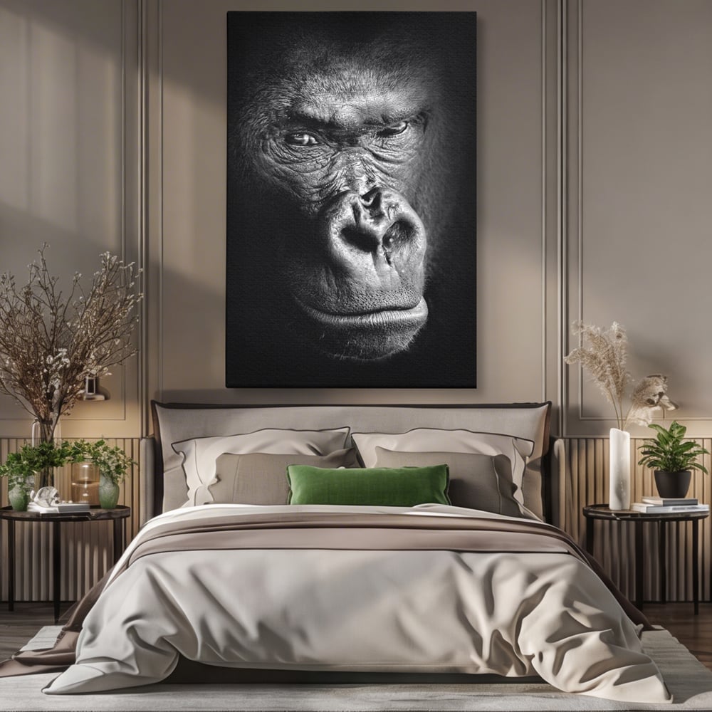 Leinwandbilder Premium, LuxCanva® M1325, Urteil im Schatten, Gorilla, Porträt, schwarz-weiß, Primat, Primaten, Blick, Wildtiere, Tiere, dunkel, realistisch, Büro, Wohnzimmer, Kinderzimmer
