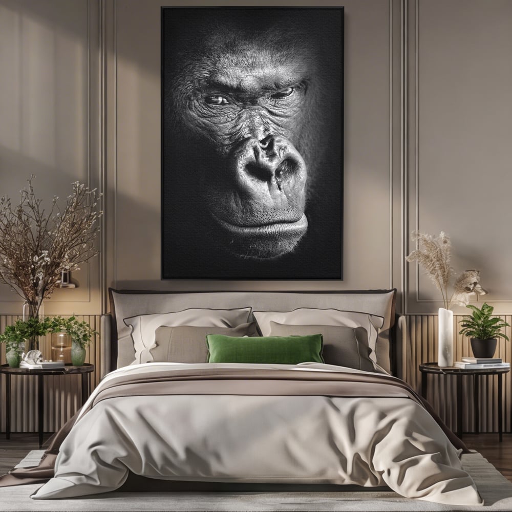 Leinwandbilder Premium, LuxCanva® M1325, Urteil im Schatten, Gorilla, Porträt, schwarz-weiß, Primat, Primaten, Blick, Wildtiere, Tiere, dunkel, realistisch, Büro, Wohnzimmer, Kinderzimmer