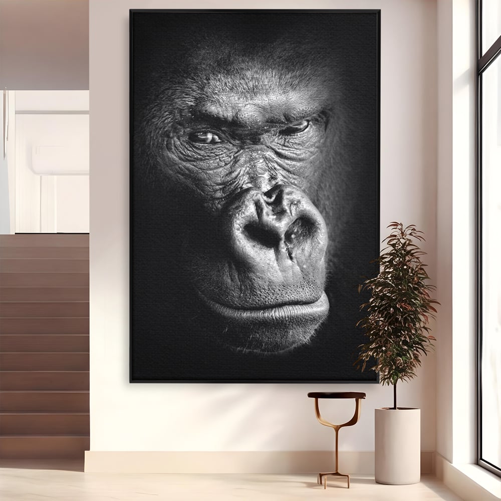 Leinwandbilder Premium, LuxCanva® M1325, Urteil im Schatten, Gorilla, Porträt, schwarz-weiß, Primat, Primaten, Blick, Wildtiere, Tiere, dunkel, realistisch, Büro, Wohnzimmer, Kinderzimmer