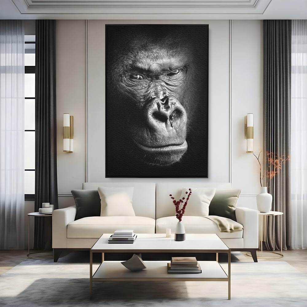 Leinwandbilder Premium, LuxCanva® M1325, Urteil im Schatten, Gorilla, Porträt, schwarz-weiß, Primat, Primaten, Blick, Wildtiere, Tiere, dunkel, realistisch, Büro, Wohnzimmer, Kinderzimmer